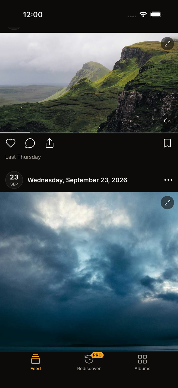 The feed: a video from yesterday playing muted, with the date and place above it