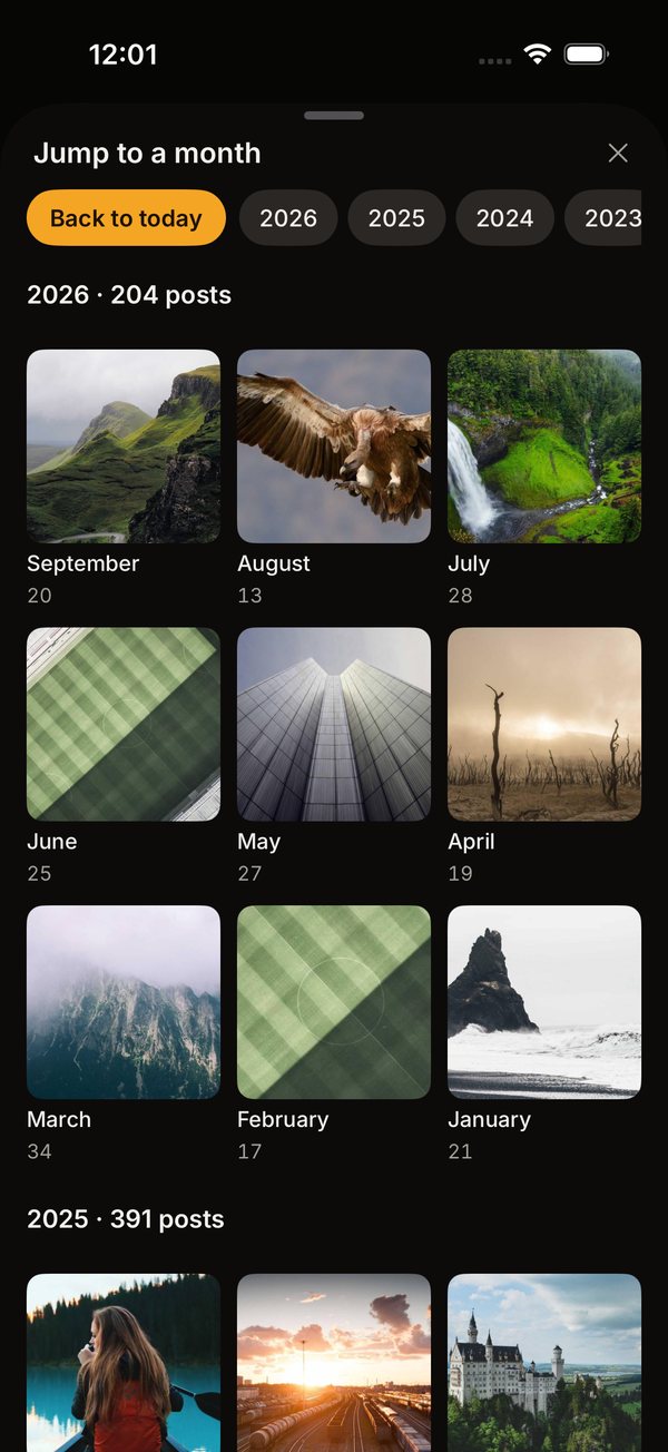 Jump to a month: every month of the library as a tile with a count